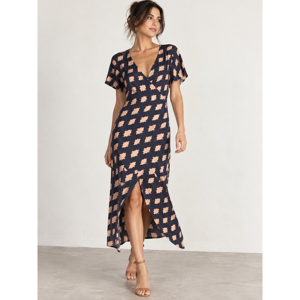 VIX Paula Hermanny Navy Peach Abstract Dot Wrap Midi Dress M Resort Chic Coastal